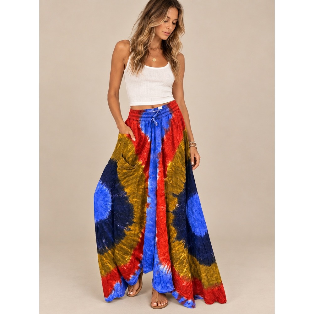 Earthbound Trading Co Women Skirt S Multi Tie Dye Harem Maxi Boho Pocket